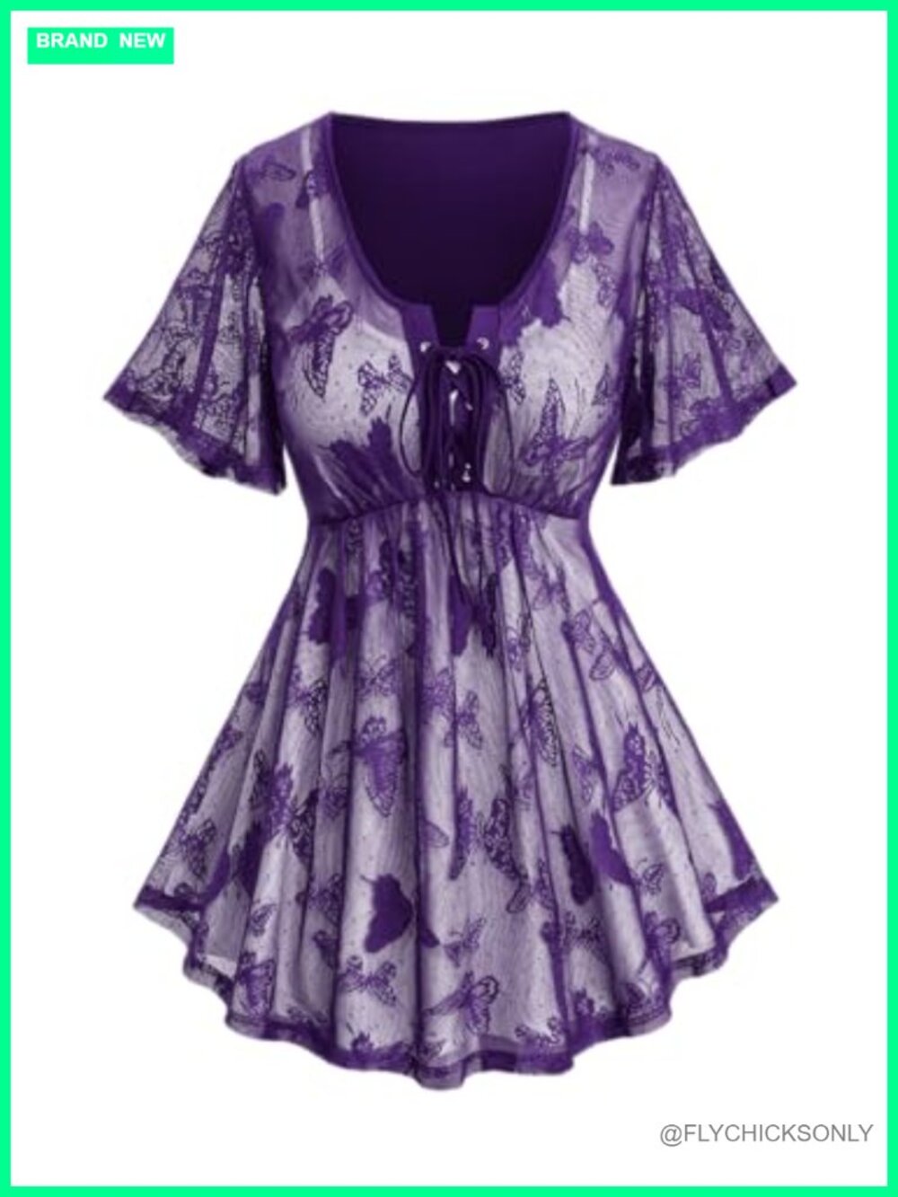 Plus Size V Neck Butterfly Lace Overlay Lace-up Blouse Flowy Top